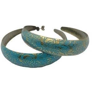 Hoop Earrings Bronze and Turquoise Color Floral Stamped Metal Large 3 Inch